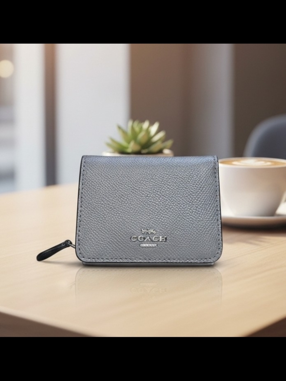 COACH Small Leather Zip Wallet in Grey And Beigh